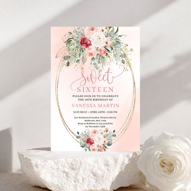 Convite Chic Download Floral Rosa Dourado para Fes (Downloadable Blush Gold Floral Sweet Sixteen Invite)
