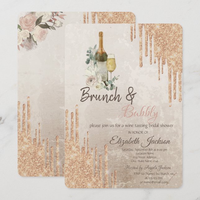 Convite Chic Drips Brunch & Bubbly Chá de Noiva (Frente/Verso)
