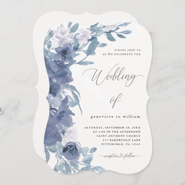 Convite Chic Dusty Blue Floral com Casamento Calliográfico (Frente/Verso)