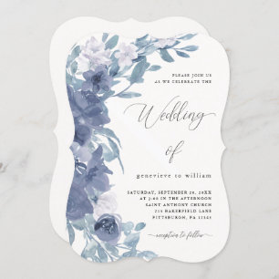 Convite Chic Dusty Blue Floral com Casamento Calliográfico