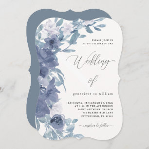 Convite Chic Dusty Blue Floral com Casamento Calliográfico