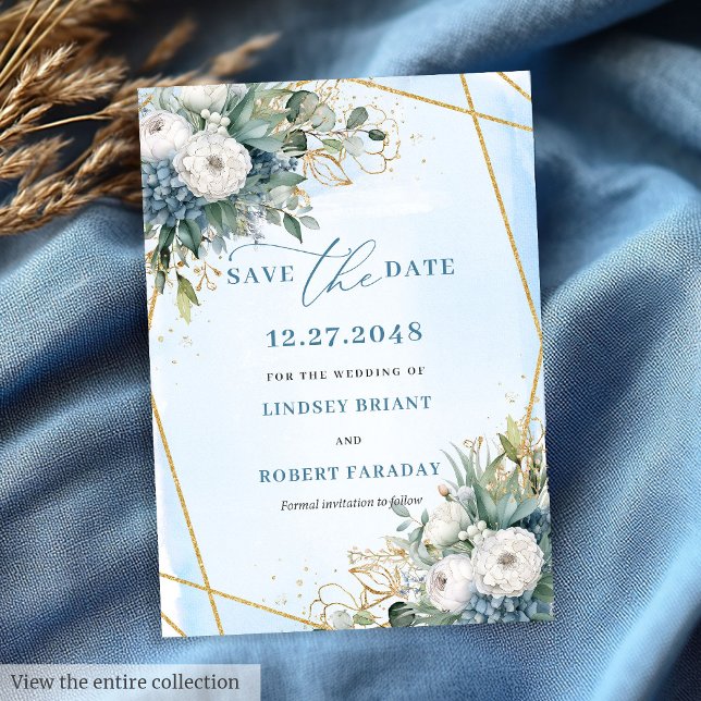 Convite Chic Dusty Blue Floral Dourado Branco Salvar Data (Chic Dusty Blue White Gold Floral Save The Date)