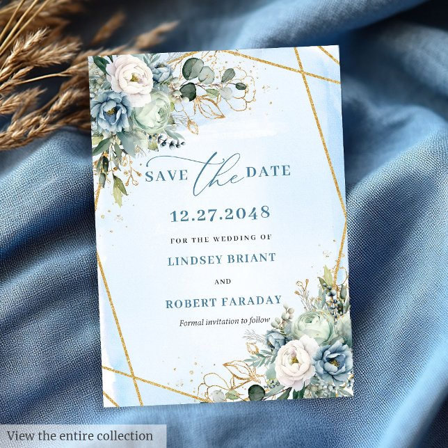 Convite Chic Dusty Blue Floral Dourado Salvar a Data (Chic Dusty Blue Floral Gold Save The Date)