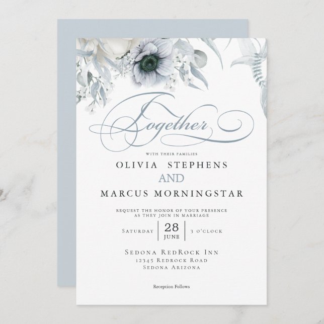 Convite Chic Dusty Blue Floral Elegante (Frente/Verso)