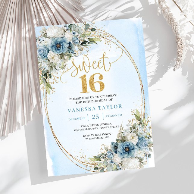 Convite Chic Dusty Blue Floral Eucalyptus Sweet 16 Invite (Chic Dusty Blue Floral Eucalyptus Sweet 16th Invite)
