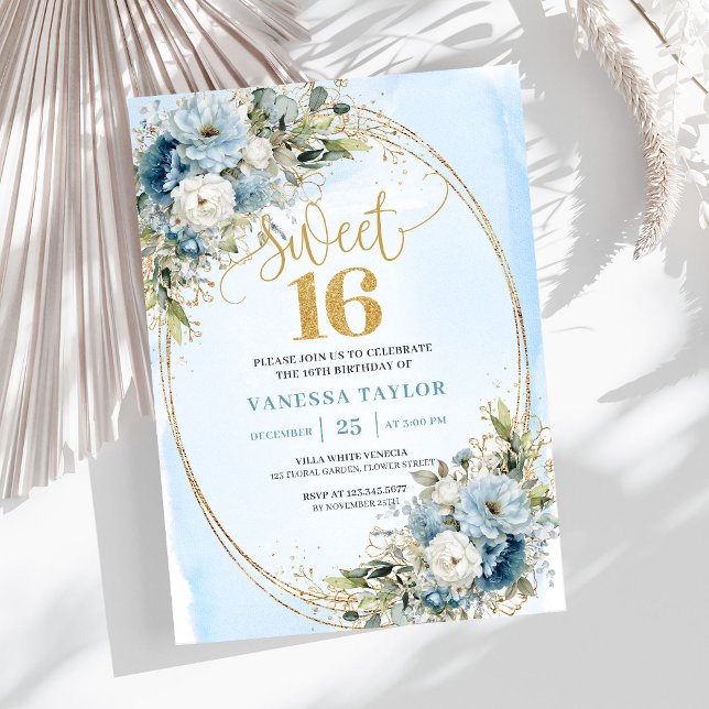 Convite Chic Dusty Blue Floral Gold Sweet Sixteen Invite (Chic Dusty Blue Floral Gold Sweet Sixteen Invitation)