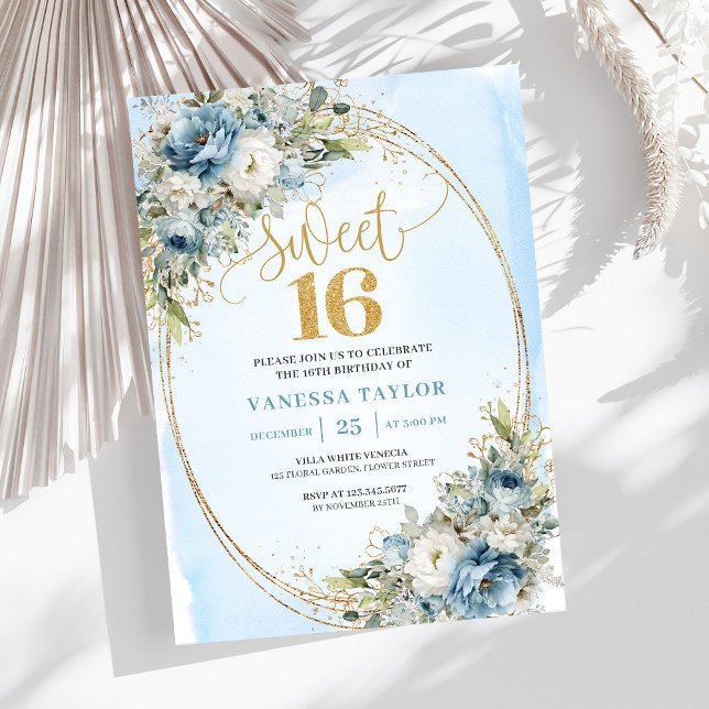Convite Chic Dusty Blue Floral Sweet 16th Birthday Invites (Chic Dusty Blue Floral Sweet 16th Birthday Invitation)