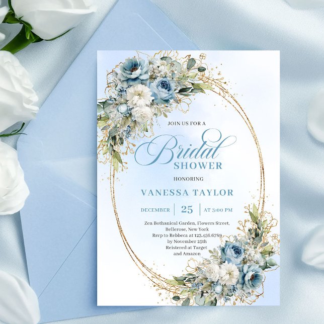 Convite Chic Dusty Blue Flowers Gold Bridal Shower Invite (Chic Dusty Blue Flowers Gold Bridal Shower Invite)