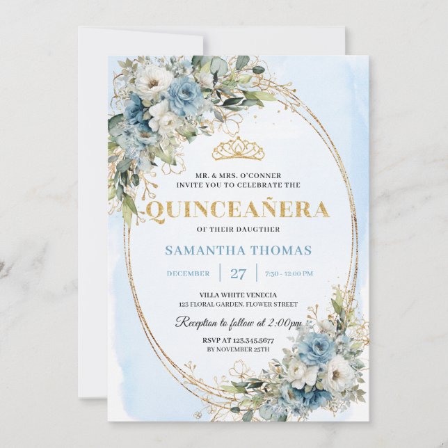 Convite Chic Dusty Blue Gold Greenery Quince 15 Invitation (Frente)