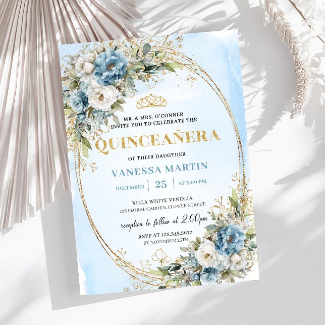 Convite Chic Dusty Blue Gold Greenery Quinceañera (Chic Dusty Blue Gold Greenery Quinceañera Invitation

)