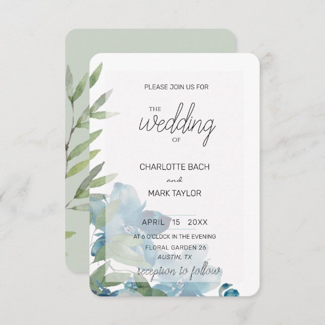 Convite Chic Dusty Blue Watercolor Floral (Frente/Verso)