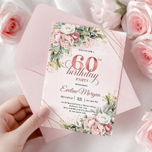 Convite Chic Dusty Pink Floral Watercolor 60º Aniversário
