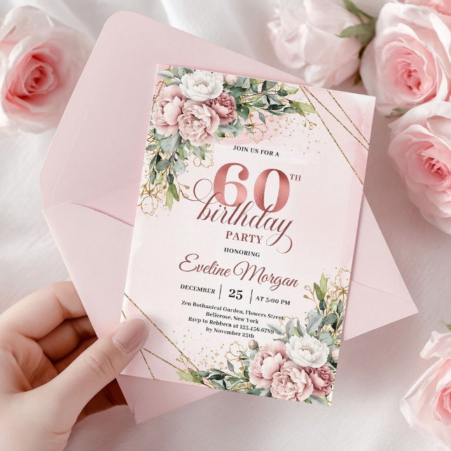 Convite Chic Dusty Pink Floral Watercolor 60th Birthday   (Chic Dusty Pink Floral Watercolor 60th Birthday Invite

)
