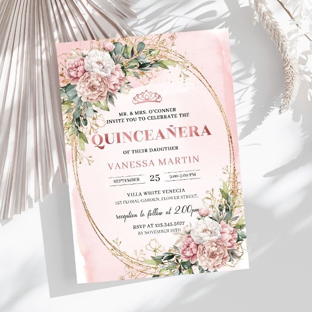 Convite Chic Dusty Pink Flores Eucalipto 15 Anos  (Chic Dusty Pink Flowers Eucalyptus 15th Birthday Invitation

)