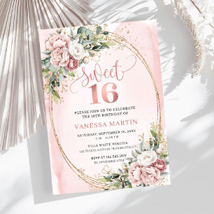 Convite Chic Dusty Pink Flores Eucalipto 16º Aniversário 