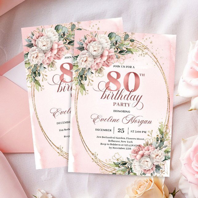 Convite Chic Dusty Pink Flores Eucalipto 80º Aniversário  (Chic Dusty Pink Flowers Eucalyptus 80th Birthday Invite)