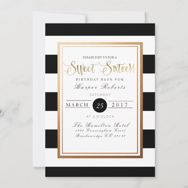 Convite Chic e Formal Sweet 16 | Dourado e preto (Frente)