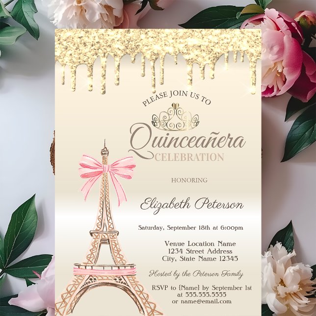 Convite Chic Eiffel Tower Bow Drips Gold Quinceañera  (Criador carregado)