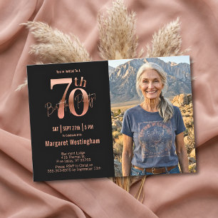 Convite Chic Elegância Rosa Dourado Foto 70º Aniversário
