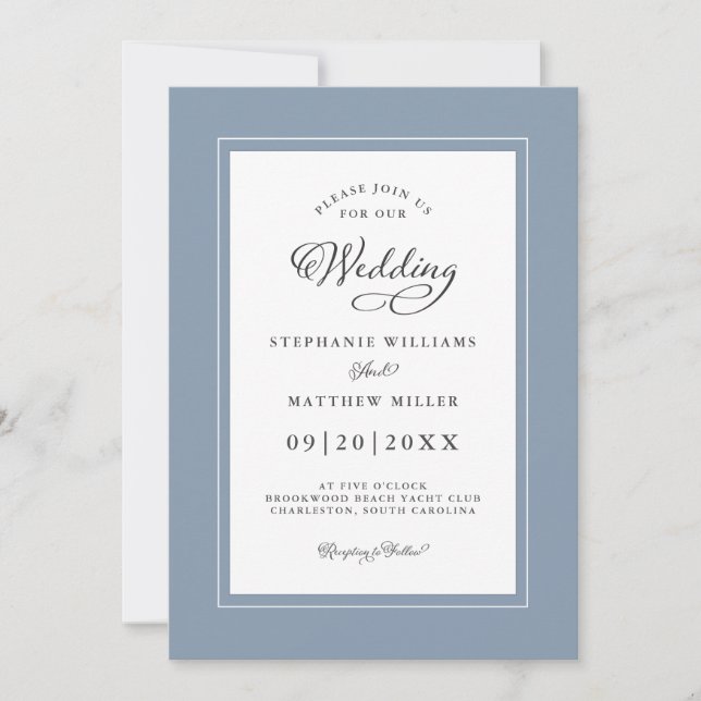 Convite Chic Elegant Dusty Blue Wedding Modern Borders (Frente)