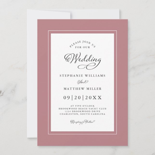 Convite Chic Elegant Dusty Rosa Wedding Modern Borders (Frente)