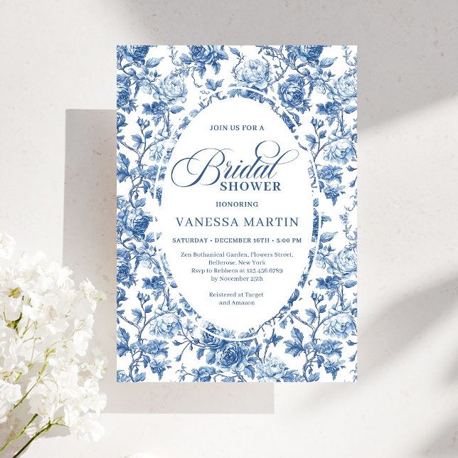 Convite Chic Elegant Navy Toile de Jouy Rose Bridal Shower (Chic Elegant Navy Toile de Jouy Rose Bridal Shower Invitation)