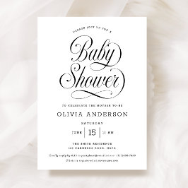 Convite Chic Elegant Script Black & White Baby Shower