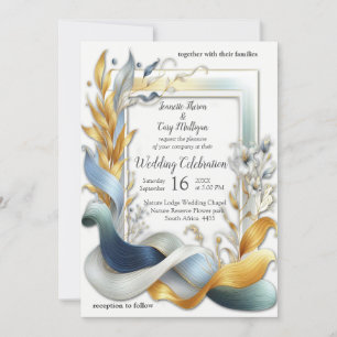 Convite Chic Elegant Swirls in Dourado, Silver, Blue, Yell