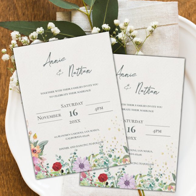 Convite Chic Elegant Watercolor Flores Flóridos (Chic Elegant Watercolor Wildflowers Floral Wedding Invitation)