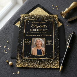 Convite Chic Elegante Aniversário de 60 anos Preto e Doura