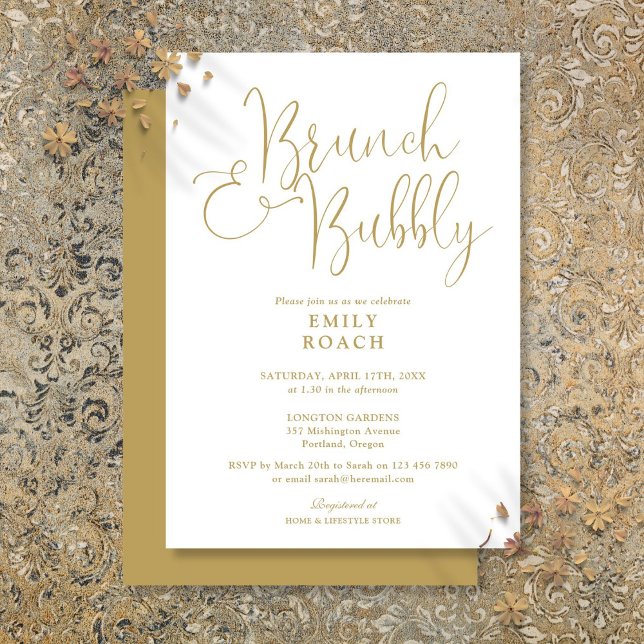 Convite Chic Elegante Brunch em Ouro e Bubbly Chá de Noiva (Chic Elegant Gold Brunch And Bubbly Bridal Shower Invitation)