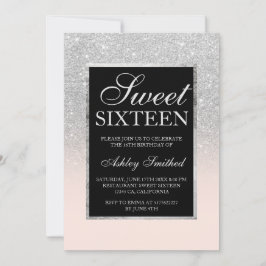 Convite chic elegante cor-de-rosa-prata-preta Sweet 16