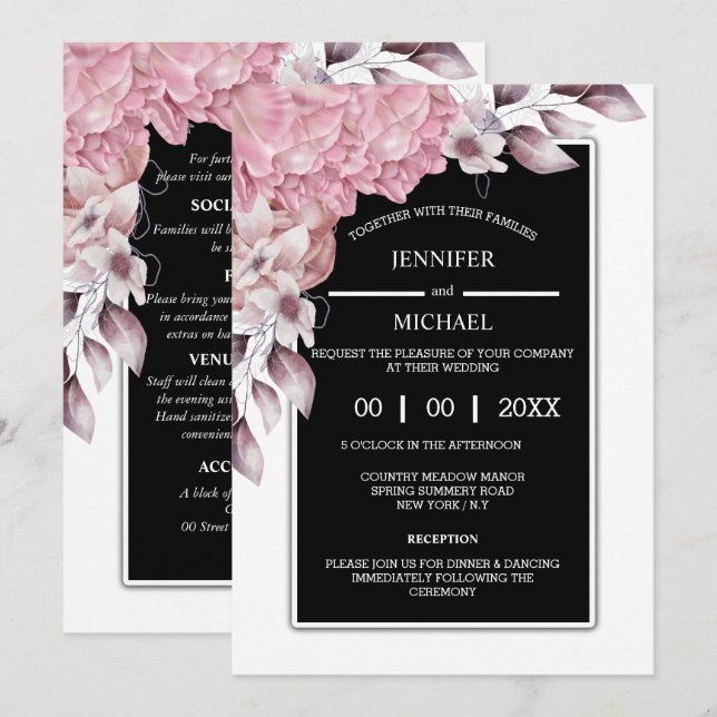 Convite Chic elegante do país, florescente e rosa (Frente/Verso)