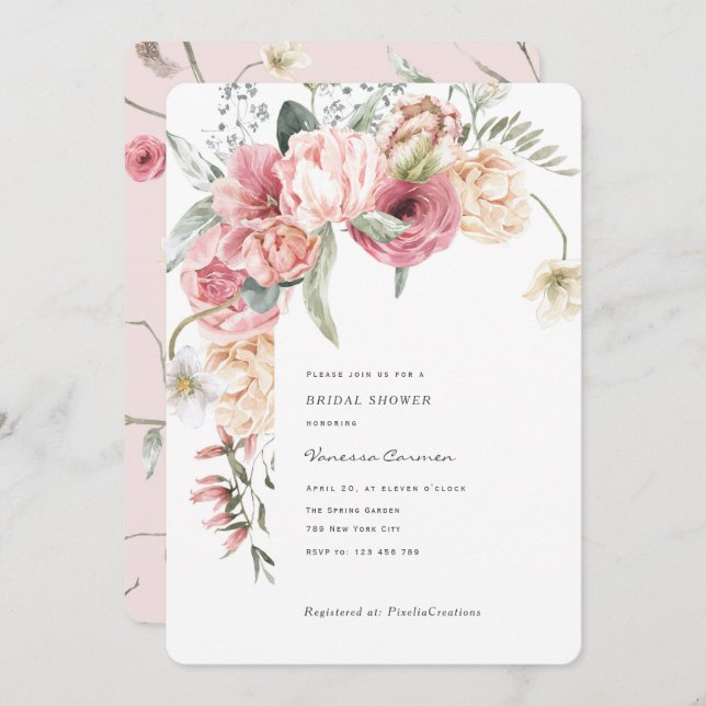 Convite Chic elegante floral jardim romântico aquarela rom (Frente/Verso)