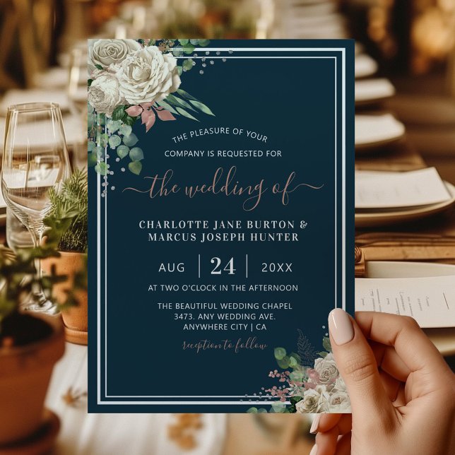 Convite Chic Elegante Marfim & Bege Floral Casamento Navy (Criador carregado)