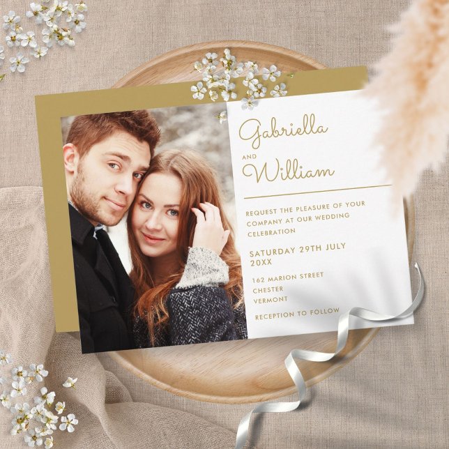 Convite Chic Elegante Minimalista Dourado Script Foto Casa (Criador carregado)