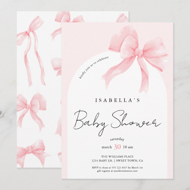 Convite Chic Elegante Rosa com Laço Baby Shower (Frente/Verso)