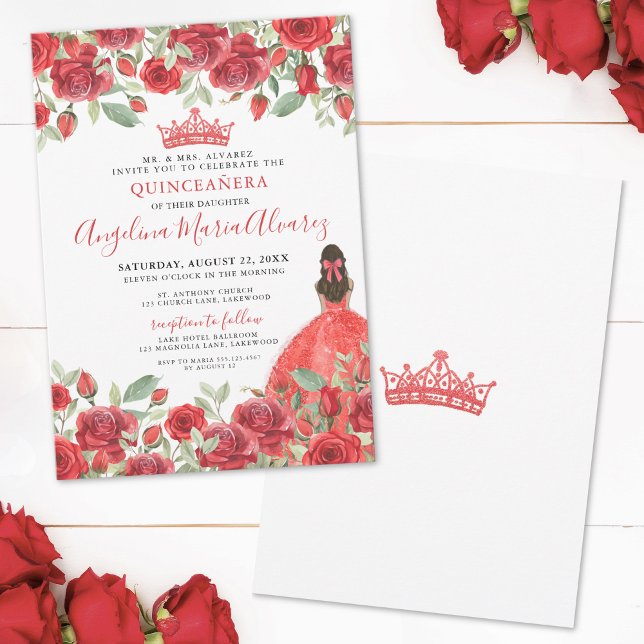 Convite Chic Elegante Rosas Vermelhas Quinceanera (Red Roses Floral Quinceanera Invitation)