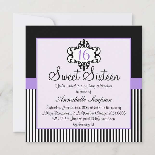 Convite Chic Elegante Roxo & Preto para Sweet 16 (Frente)