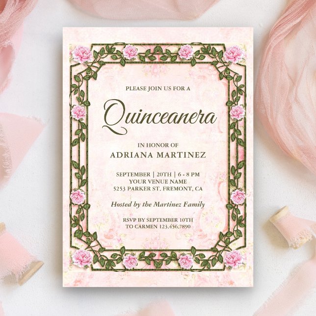 Convite Chic Elegante Vintage Rústico Rosas Rosa Quinceane (Criador carregado)