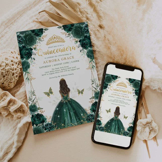 Convite Chic Emerald Green Floral Quinceañera Princess (Criador carregado)