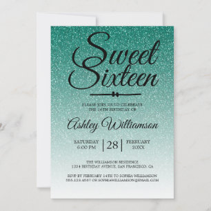 Convite Chic Emerald Green Glitter Ombre Sweet 16 Aniversá