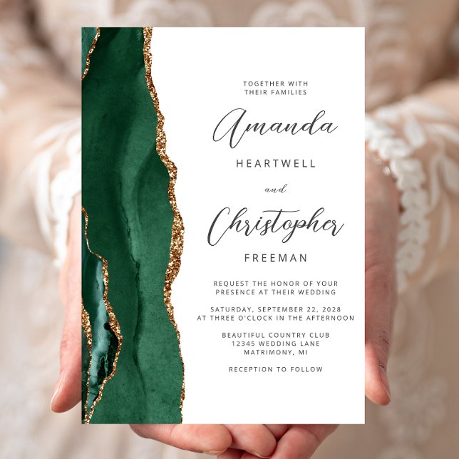 Convite Chic Emerald Green Gold Agate Script Wedding (Criador carregado)