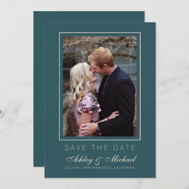 Convite Chic Esmeralda Marfim Foto Casamento Save The Date (Frente/Verso)