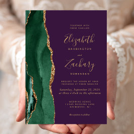 Convite Chic Esmeralda Verde Dourado Ágata Roxo Casamento