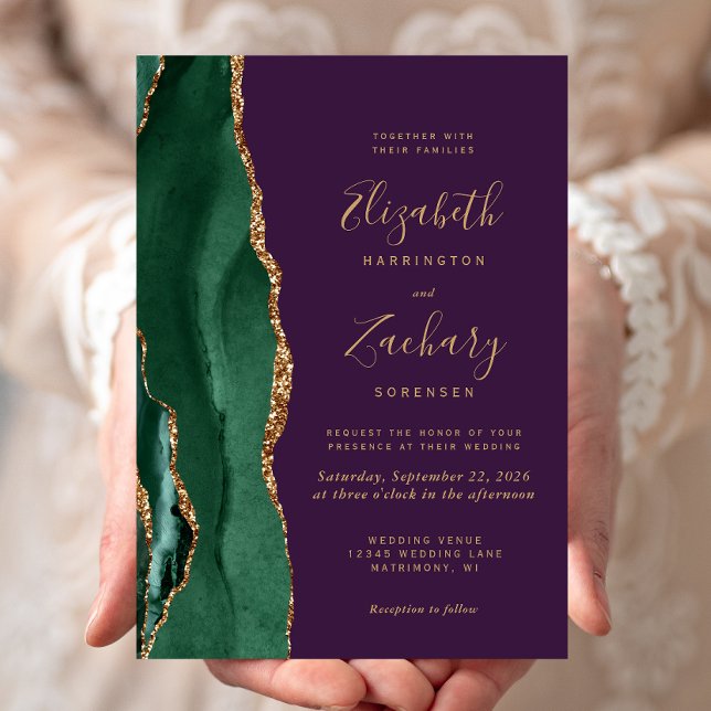 Convite Chic Esmeralda Verde Dourado Ágata Roxo Casamento (Criador carregado)