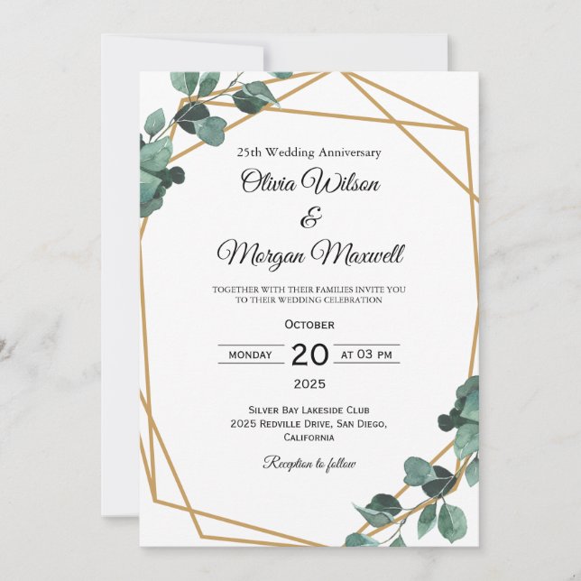 Convite Chic Esmeralda Verdura Casamento Aniversário  (Frente)