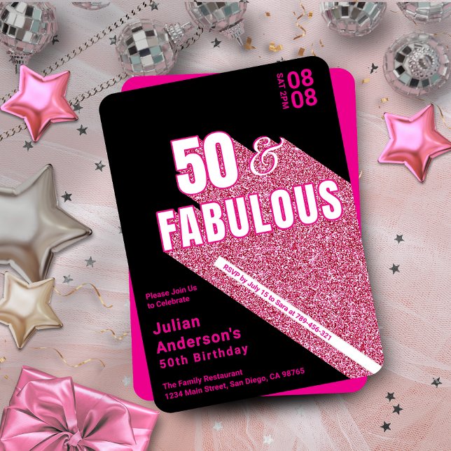 Convite Chic Estimulando Preto e Rosa Fabuloso 50º Anivers (Chic Sparkling Black & Pink Fabulous 50th Birthday Invitation)