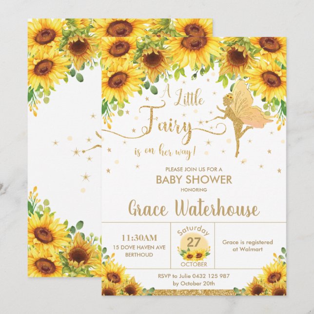 Convite Chic Fairy Sunflower Floral Chá de fraldas Girl (Frente/Verso)