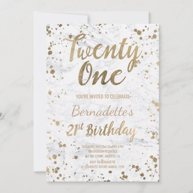 Convite Chic Faux gold confetti White Marble aniversário d (Frente)